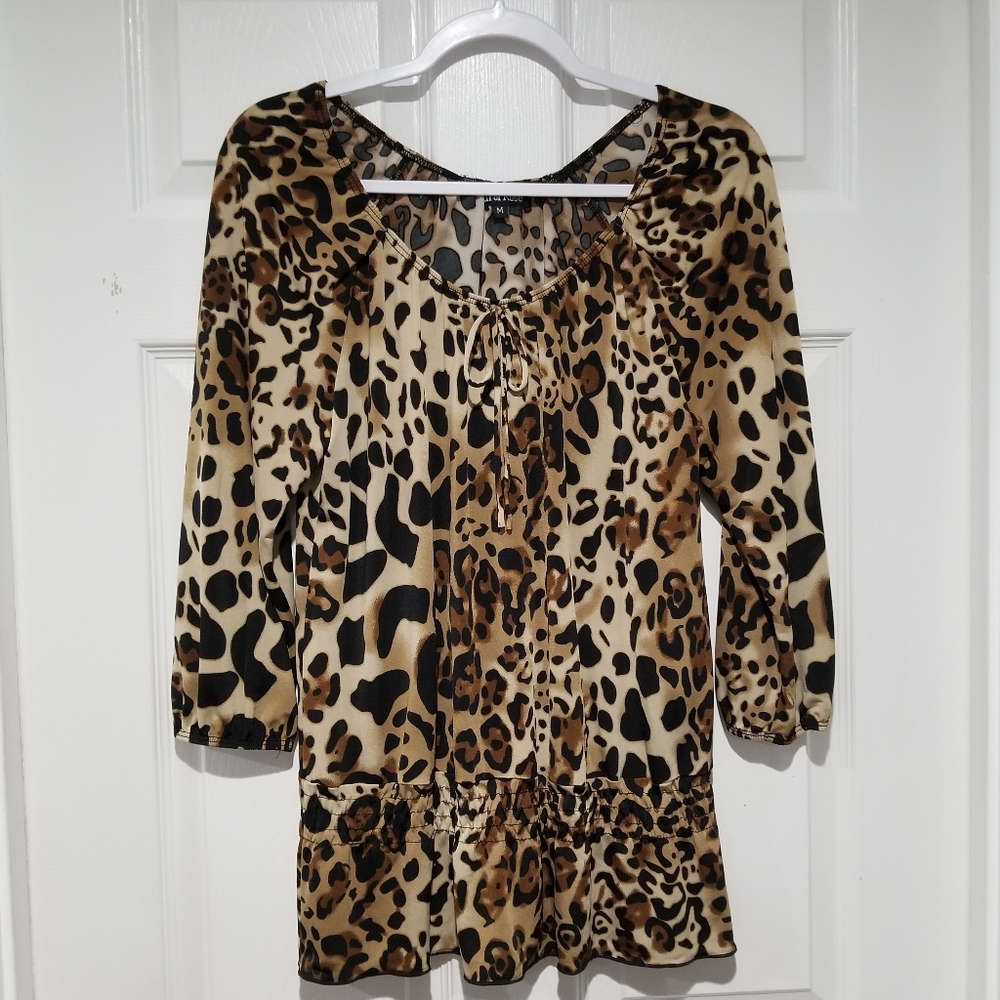 Carol Rose Woman's Scoop Tie Neck Animal Print Cheetah Print Stretch Knit Top